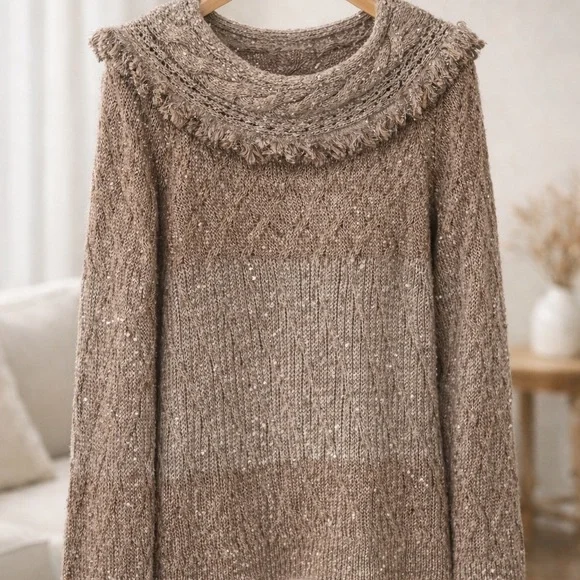 White House Black Market Sequin Knit Cowl Neck Sweater MP Taupe Fringe - Picture 2 of 7